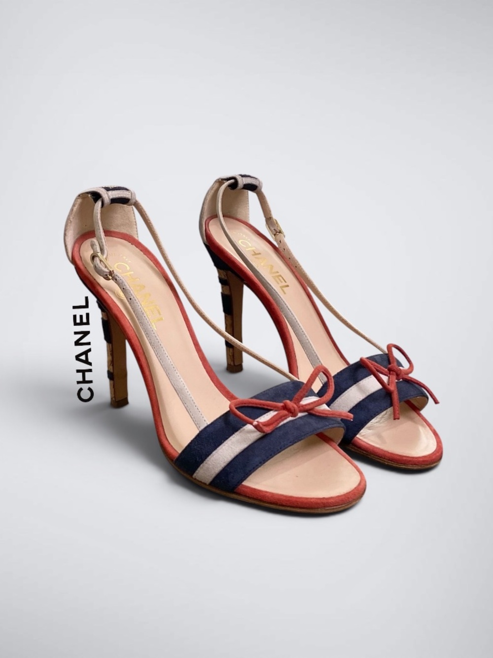 Chanel 2008 Cruise Vintage Nautical Suede Bow Sandals Heeled Mules Cork Stiletto